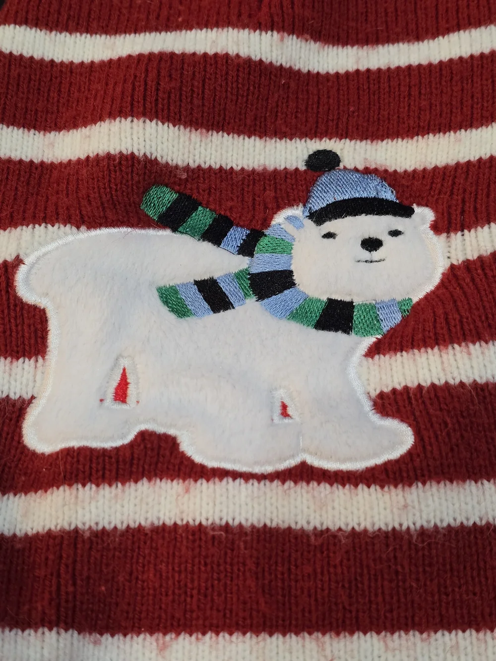 Red & White Striped Holiday Dog Sweater with Polar Bear Applique #688